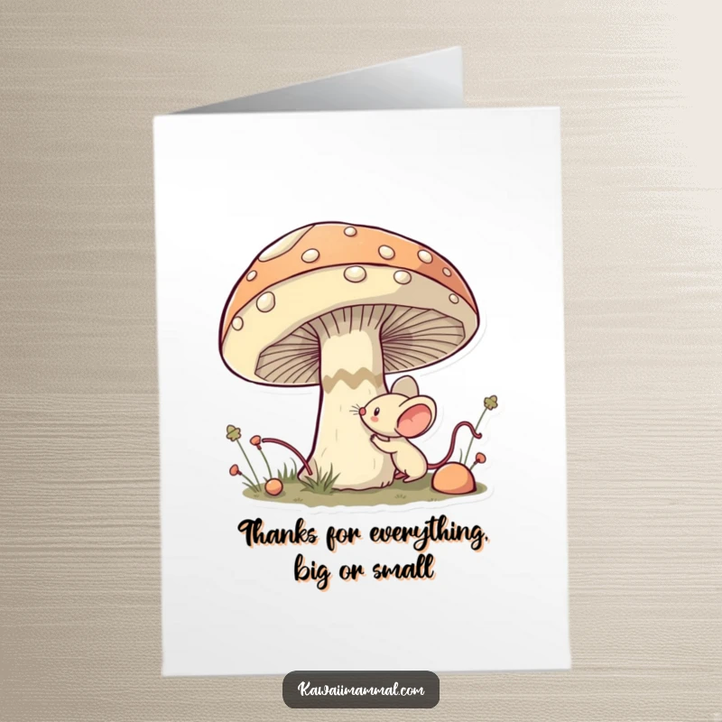 Funny Free Printable Thank You Card showing a brave kawaii mouse bravely sniffing a huge mushroom, a symbol of great things.
