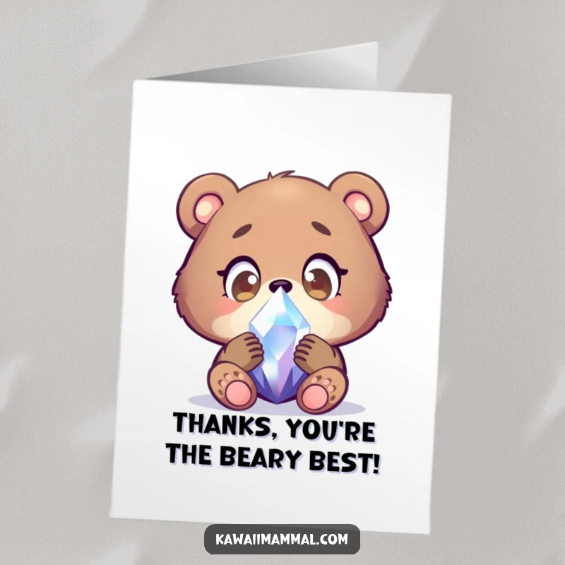 Funny Free Printable Thank You Card: Focused bear cub examining a shimmering crystal with wide, wondering eyes, showing thanks.