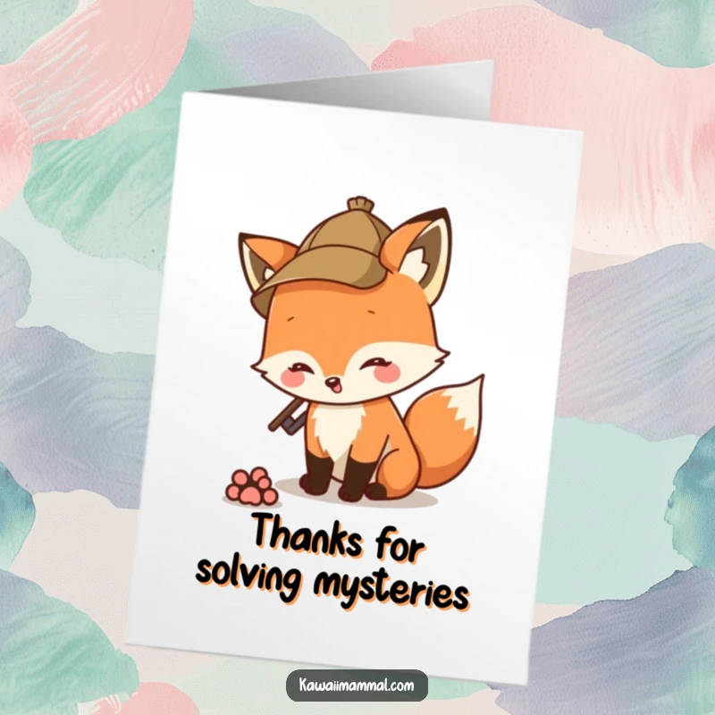 Funny Free Printable Thank You Card: Detective Fox in Hat Sniffing Paw Print, Expressing Thanks with Quirky Charm.