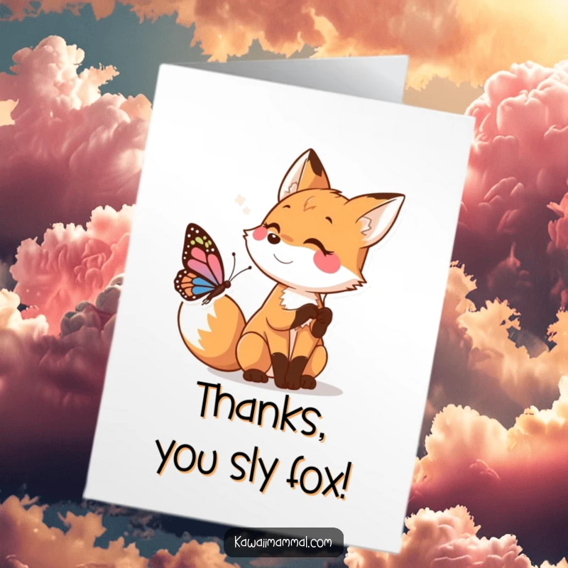 Funny Free Printable Thank You Card: A happy fox playfully pouncing towards a butterfly, conveying thanks with a mischievous smile.