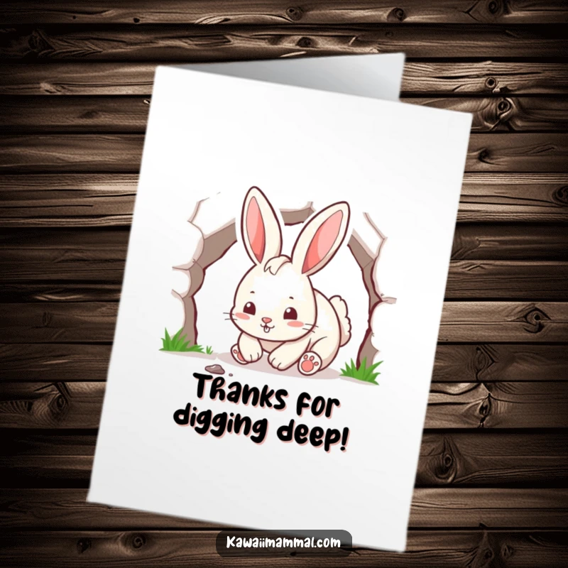 Funny Free Printable Thank You Card featuring a playful rabbit digging a tunnel with its paws, sending thanks.