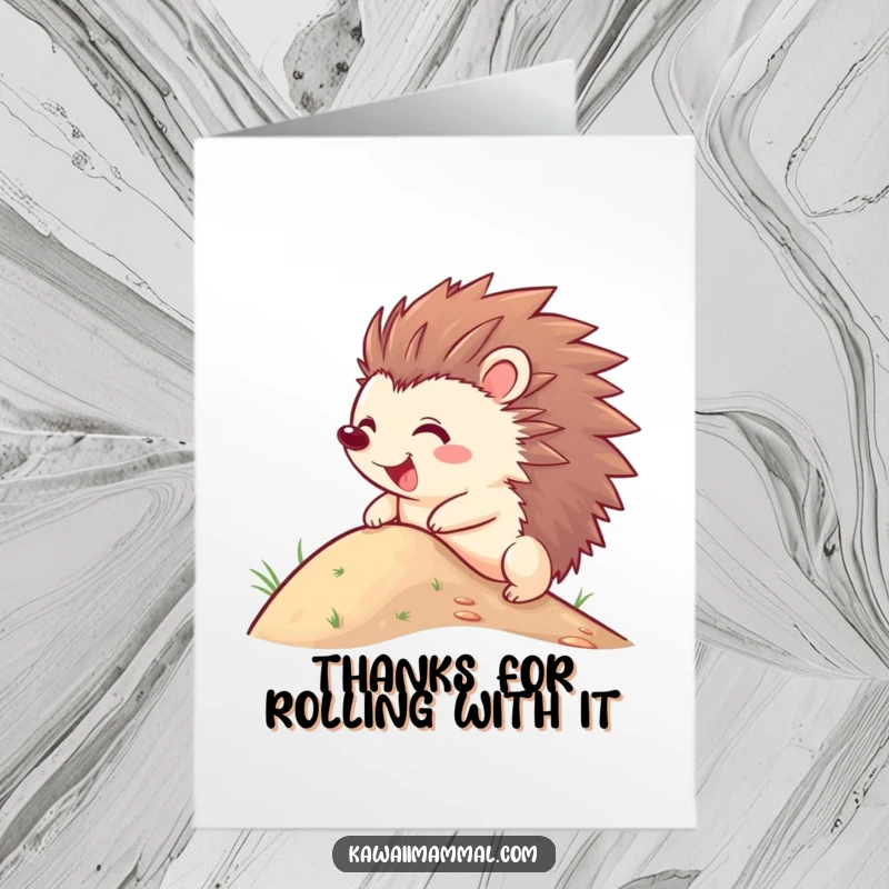 Funny Free Printable Thank You Card: A happy hedgehog mid-roll down a hill, quills out, bringing cheer.