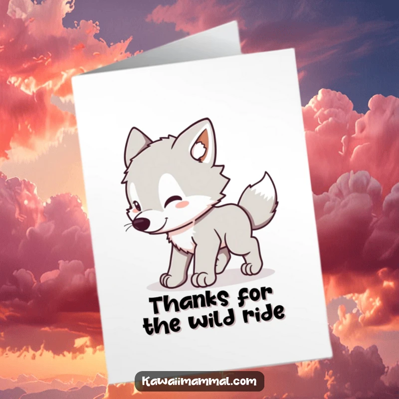 Funny Free Printable Thank You Card featuring a kawaii wolf pup in a playful, dizzying chase after its own tail.