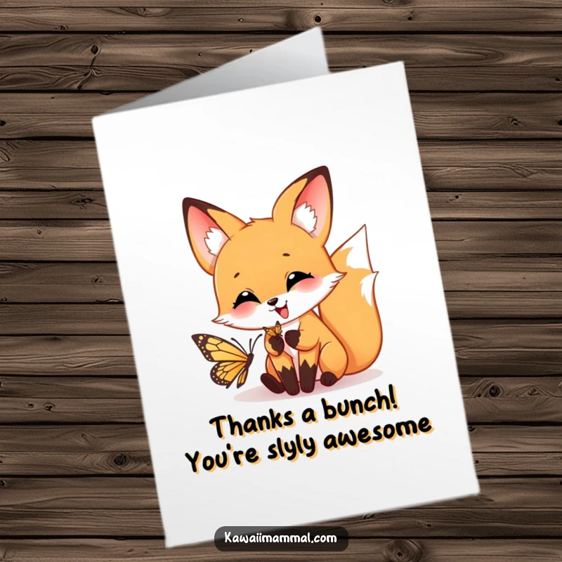 Funny Free Printable Thank You Card: A happy fox playfully pouncing on a butterfly, conveying thanks with a smile.