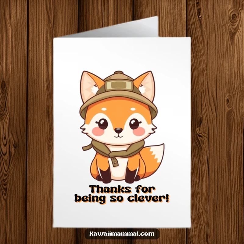 Cute Free Printable Thank You Card: A kawaii fox in a tiny explorer hat, peering curiously as a thank you.