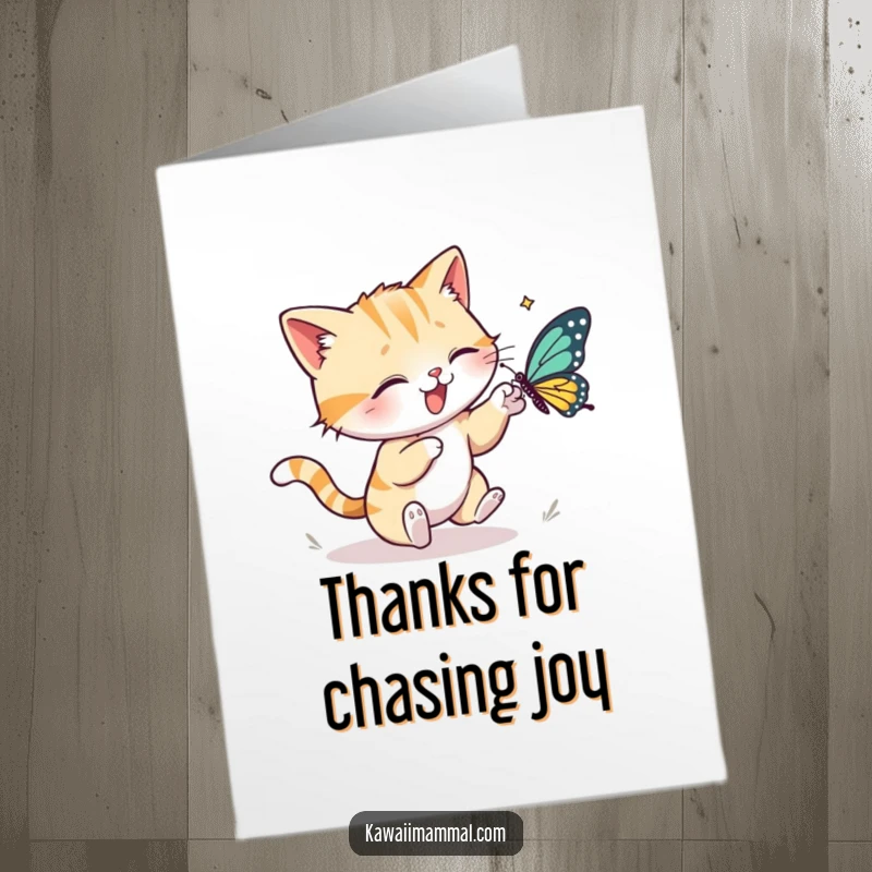 Funny Free Printable Thank You Card: A playful cat stalking a butterfly, capturing a moment of curious admiration.