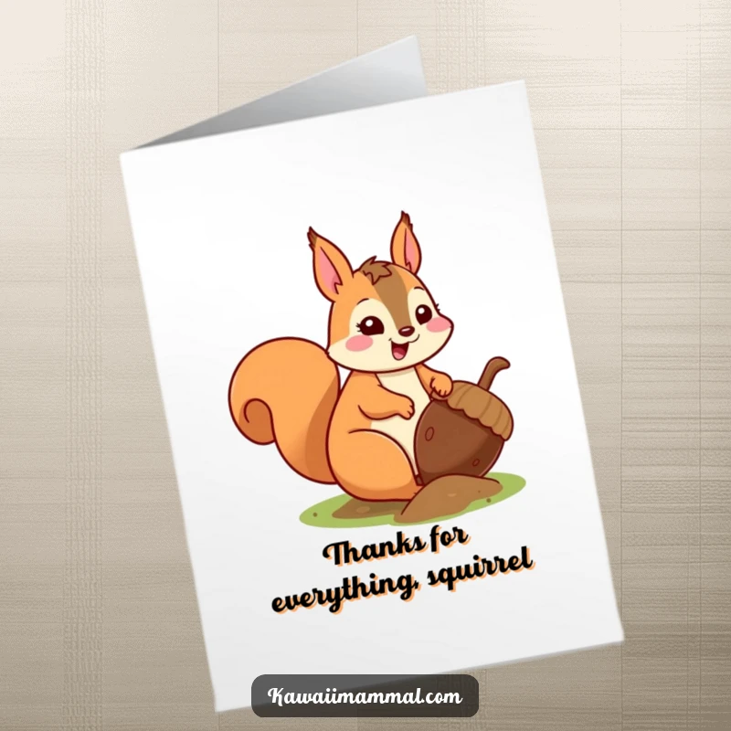 Free Printable Thank You Card: A cute kawaii squirrel diligently buries an oversized acorn, showing great effort for a treasured prize.