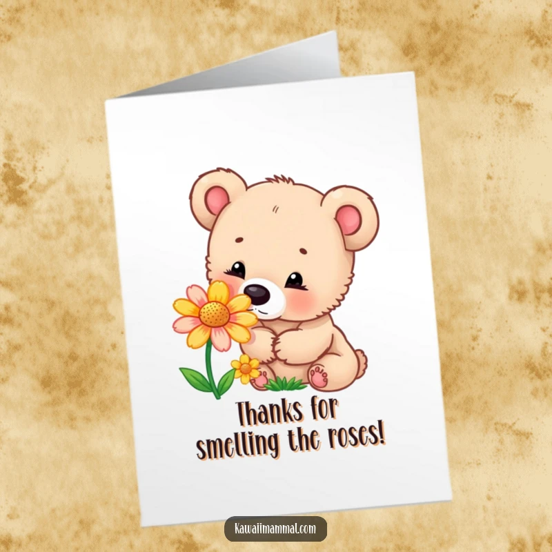 Funny Free Printable thank you card showing a curious bear cub sniffing a beautiful flower, conveying thanks with gentle curiosity.