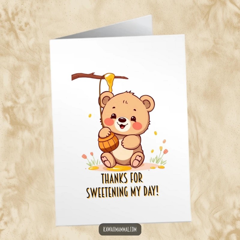 Cute Free Printable Thank You Card: A kawaii bear cub joyfully batting at a tempting honey pot, saying thanks.