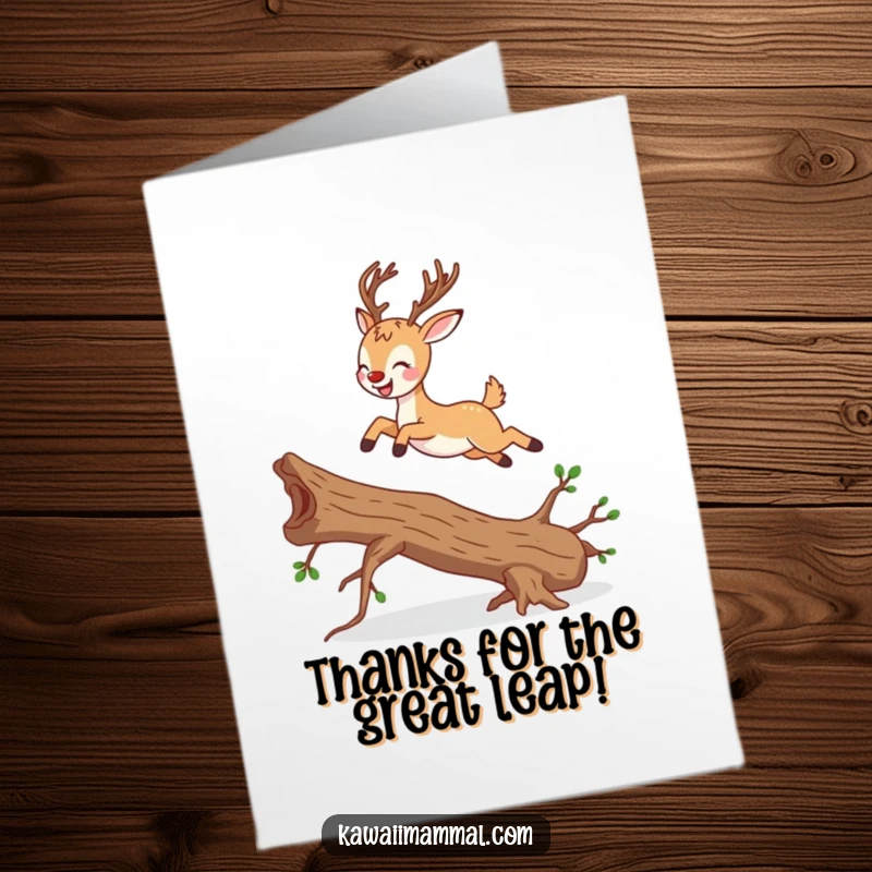 Funny Free Printable Thank You Card featuring a joyful deer leaping over a branch, conveying heartfelt thanks.