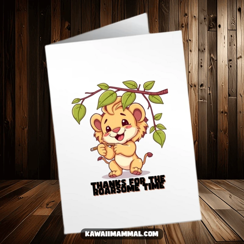 Funny Free Printable Thank You Card: Content lion cub batting at a dangling vine, offering thanks playfully, downloadable gift.