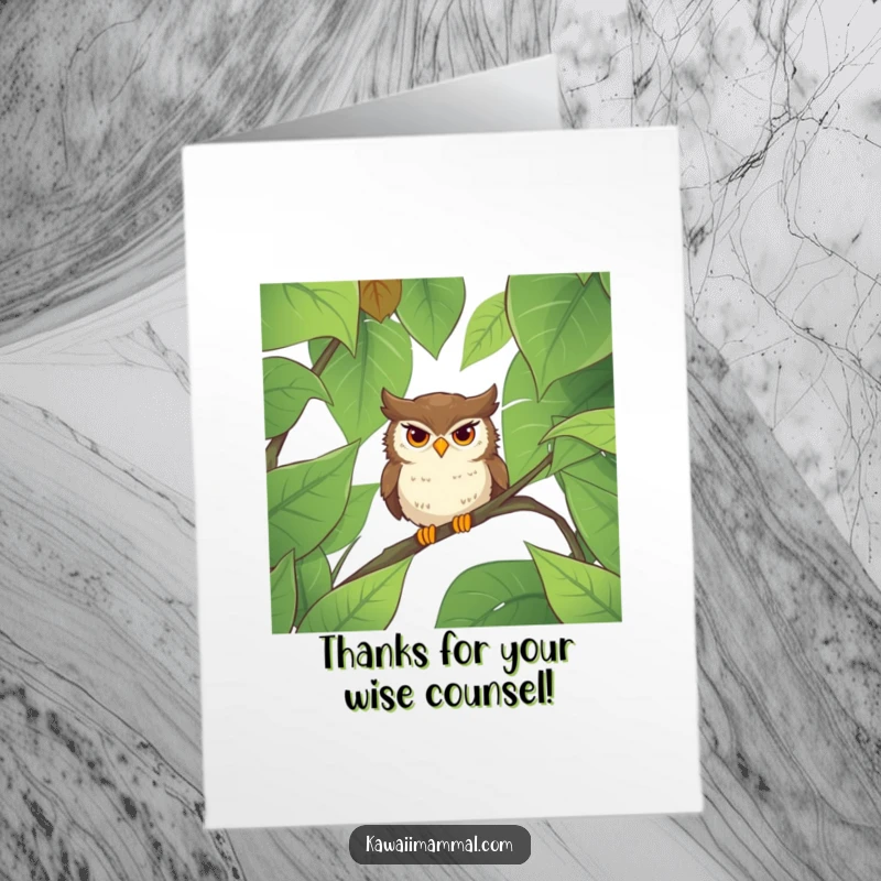 Funny free printable thank you card with a determined owl navigating a thick forest, a wise downloadable.