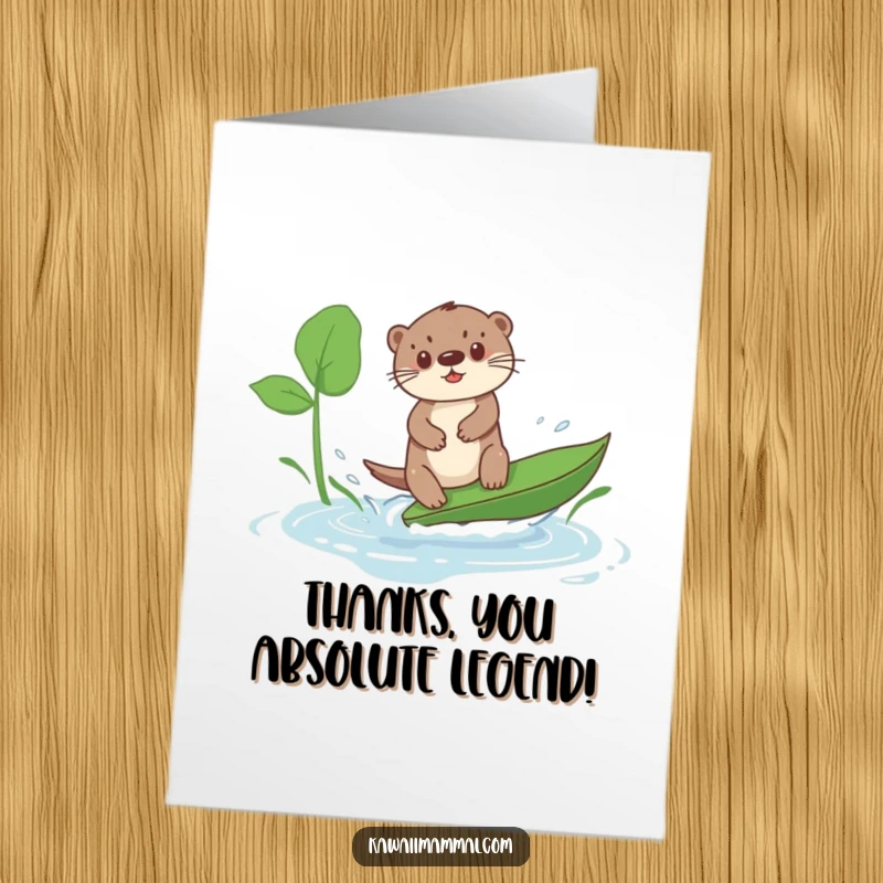 Funny Free Printable Thank You Card: A happy Kawaii otter balancing on a leaf, surfing a puddle with a thankful expression.