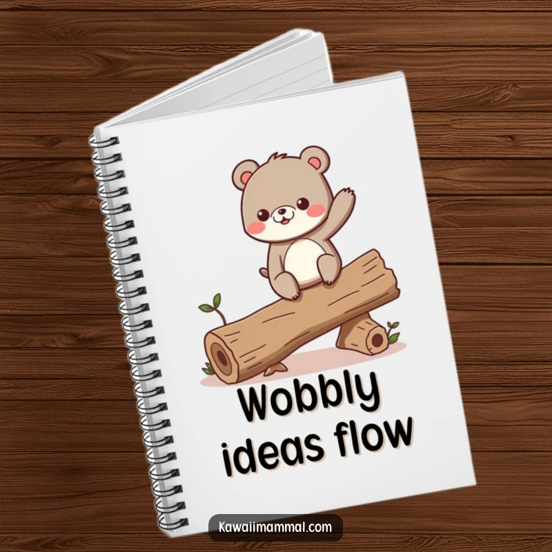 Funny notebook cover with a curious bear character excitedly balancing on a wobbling log, ready for notes.