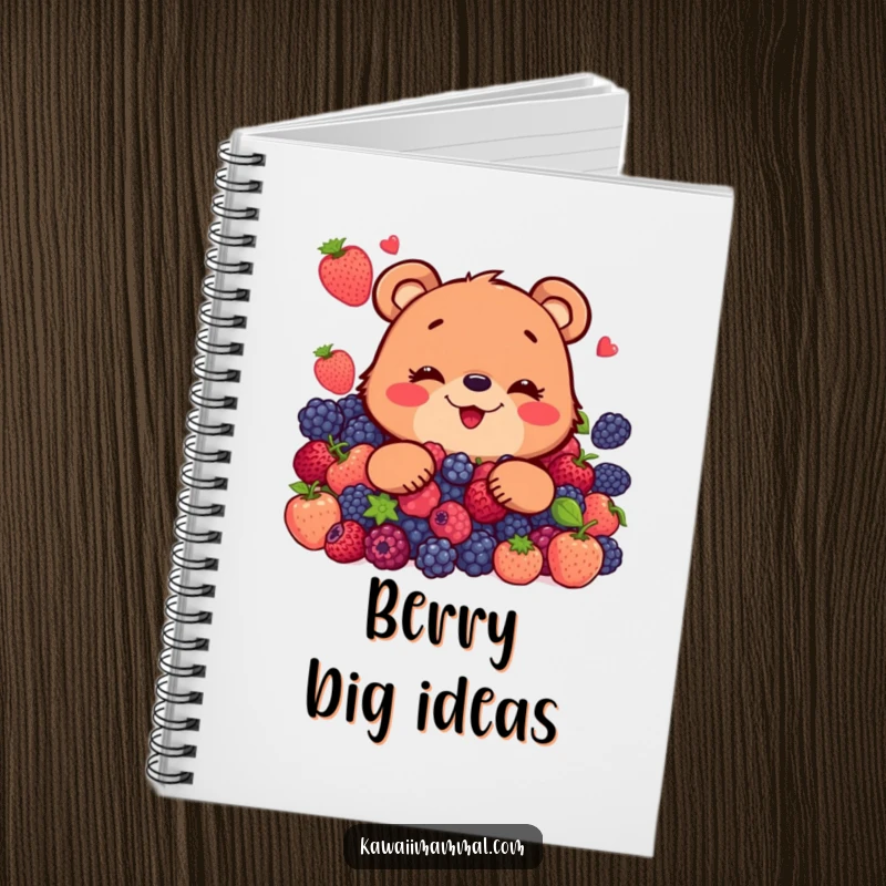 Funny notebook cover art featuring a joyous bear character happily munching on a large collection of delicious berries.