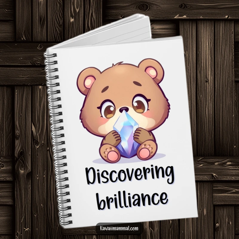 Funny bear cub notebook featuring a focused character examining a shimmering crystal with wide, wondering eyes, ideal for jotting down curious thoughts.