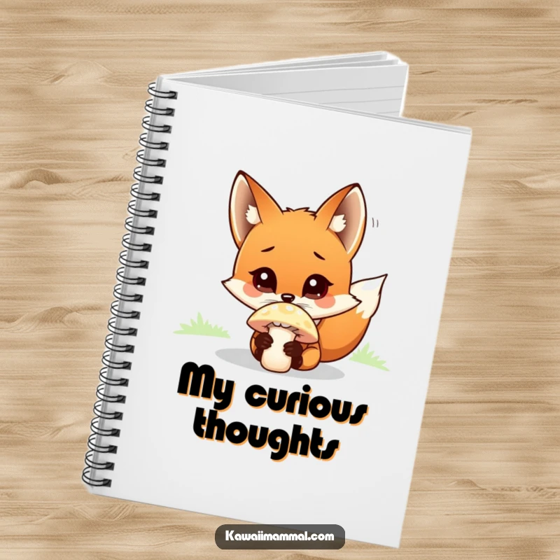 Funny curious fox character, sniffing a bright mushroom, on the cover of a humorous notebook.