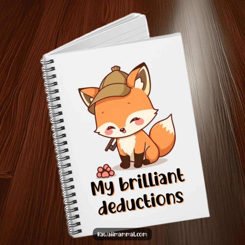 Funny fox detective with a hat sniffing a paw print, featured on a notebook cover for jotting down ideas.