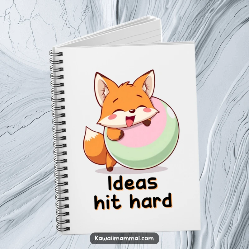 Funny notebook cover with a smiling fox character enthusiastically head-butting a large inflatable ball, ready for notes.