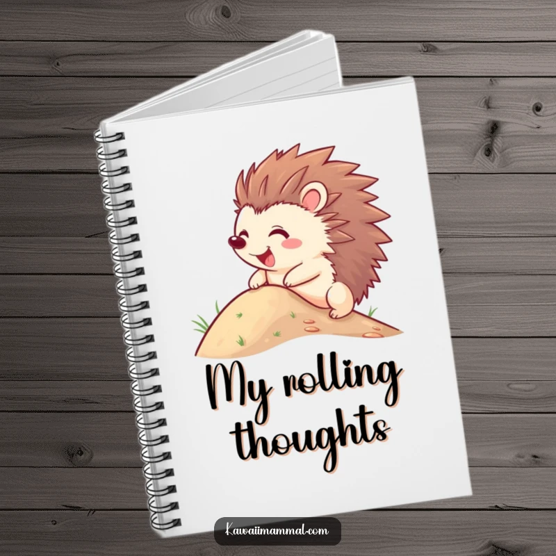 Funny Hedgehog Notebook with a joyful character, quills out, hilariously trying to roll down a hill, inspiring creative and spontaneous writing.