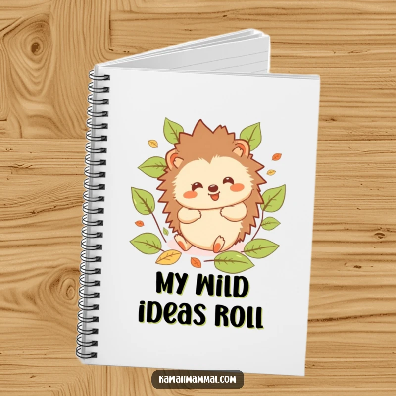 Funny Hedgehog Notebook: Cute kawaii hedgehog rolling gleefully over leaves, perfect for journaling funny thoughts or doodles.