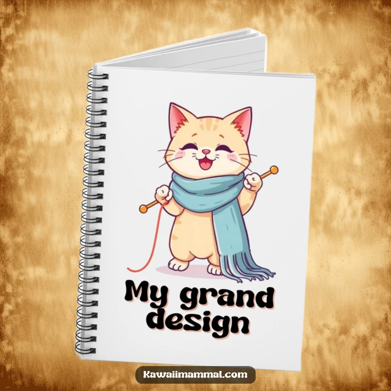 Funny notebook cover with a Kawaii cat balancing on one paw and knitting a scarf, inspiring humorous ideas and notes.