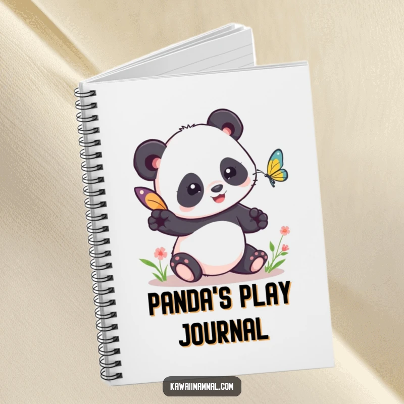 Funny Kawaii Panda Notebook: Features a cute panda humorously trying to play tag with a butterfly, perfect for jotting down funny thoughts.