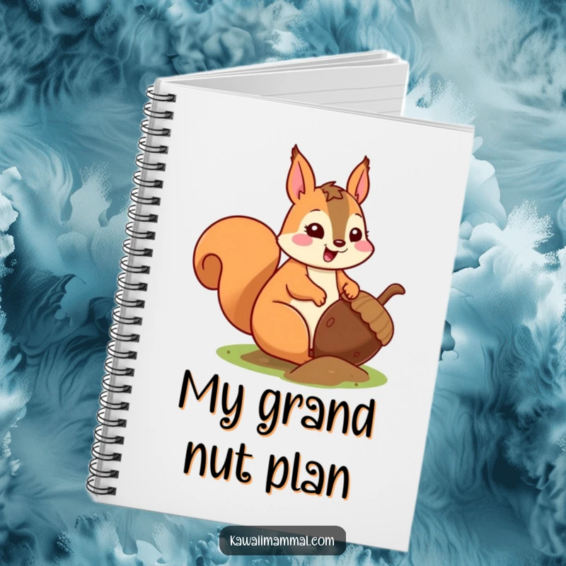 Funny kawaii squirrel with wide eyes, burying an oversized acorn, on a cute notebook for capturing ideas.
