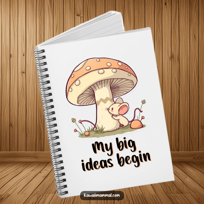 Funny Mouse Notebook: Cute kawaii mouse bravely sniffing a giant mushroom, perfect for journaling curious thoughts.