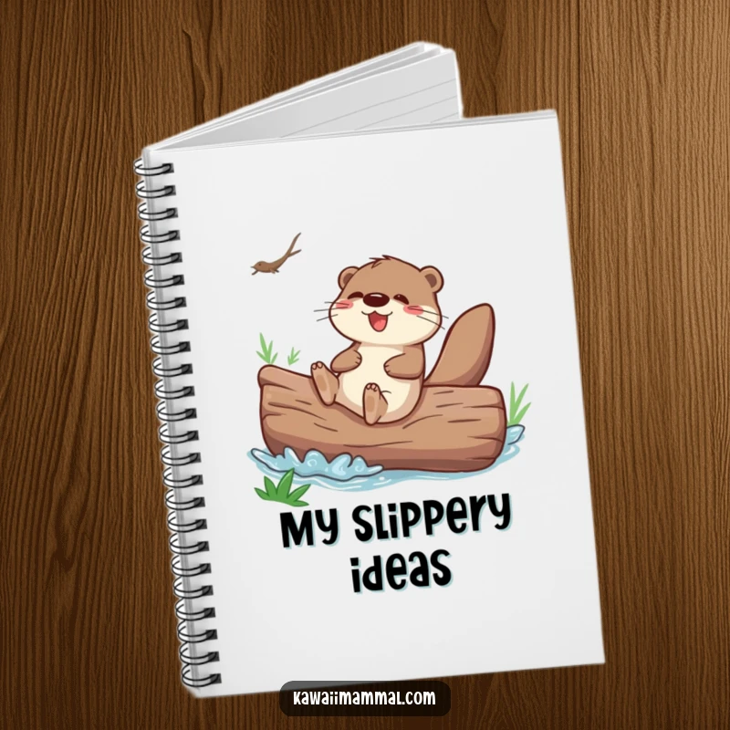 Funny otter sliding down a giant river log, featured on a notebook cover for jotting down ideas.