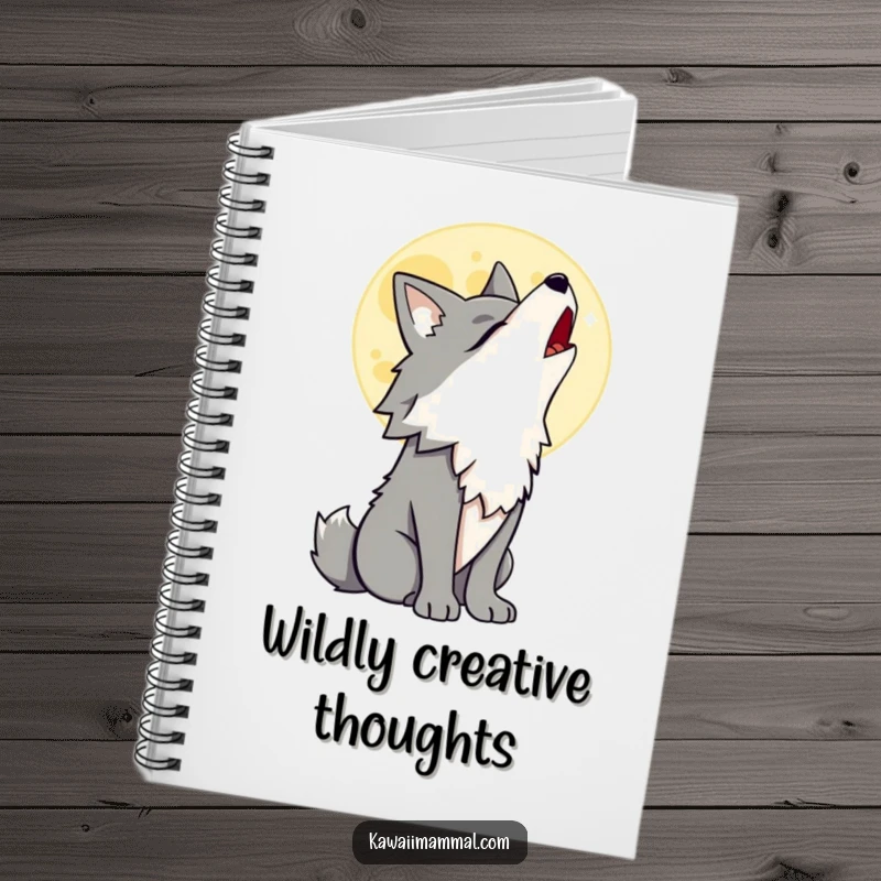 Funny Wolf Notebook with a proud wolf character howling at a cartoon moon, ideal for jotting down wild ideas and thoughts.