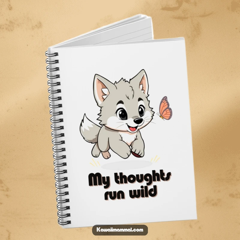 Funny notebook featuring an energetic wolf puppy in playful pursuit of a fluttering butterfly.