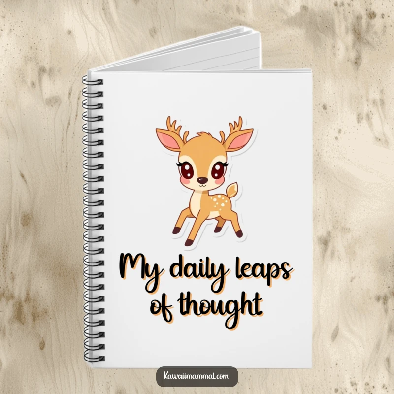 Funny kawaii deer with wide, expressive eyes, prancing gracefully, featured on a cute notebook for jotting down thoughts.
