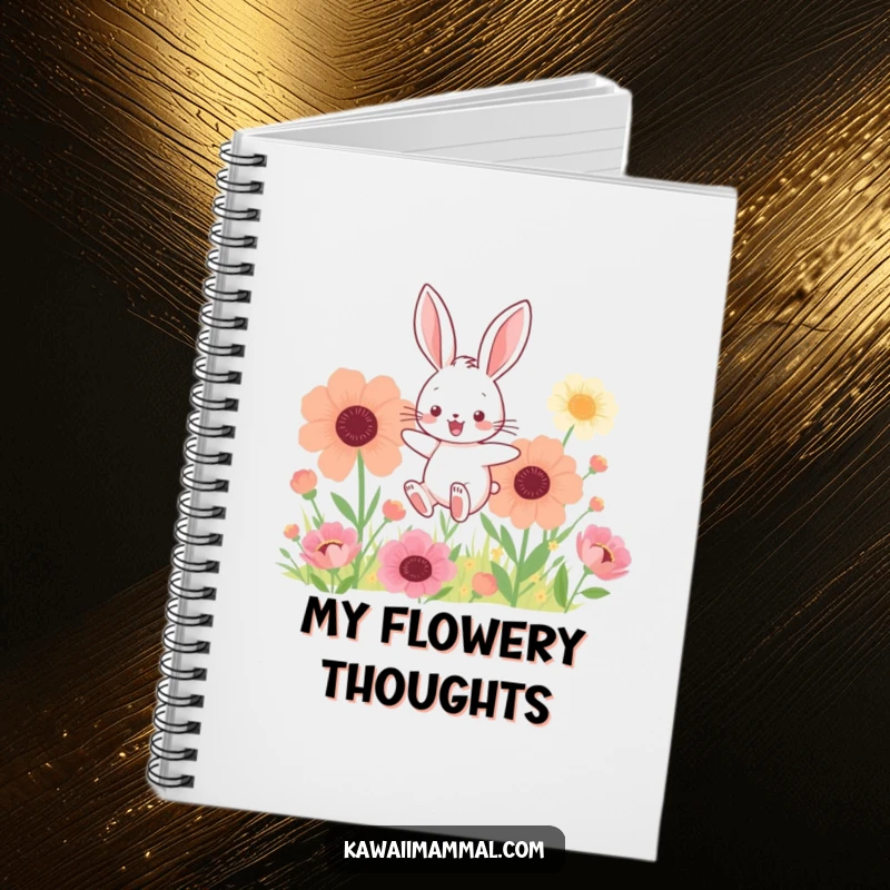Funny notebook cover with a kawaii bunny joyfully hopping through giant flowers, perfect for sweet and cheerful note-taking.