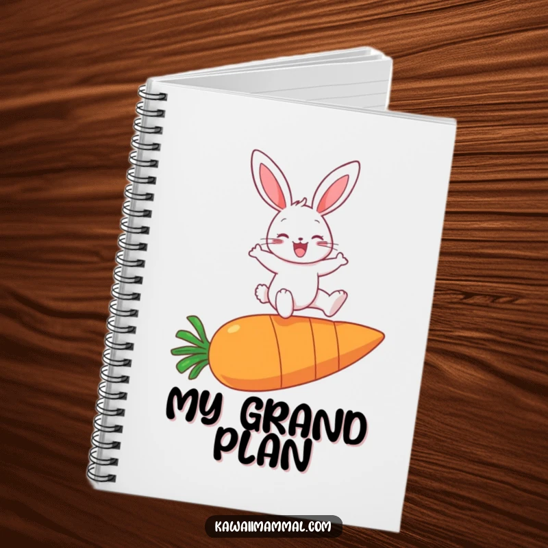 Funny notebook cover with a cheerful bunny character energetically leaping over a massive carrot, ready for writing.