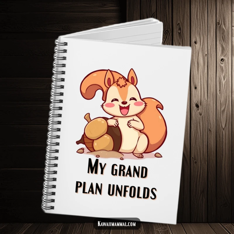 Funny notebook cover featuring a delighted squirrel enthusiastically burying a giant acorn, inspiring organized and humorous note-taking.