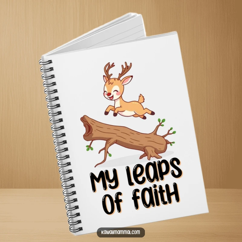 Funny joyful deer character, mid-leap over a branch, on the cover of a humorous notebook.