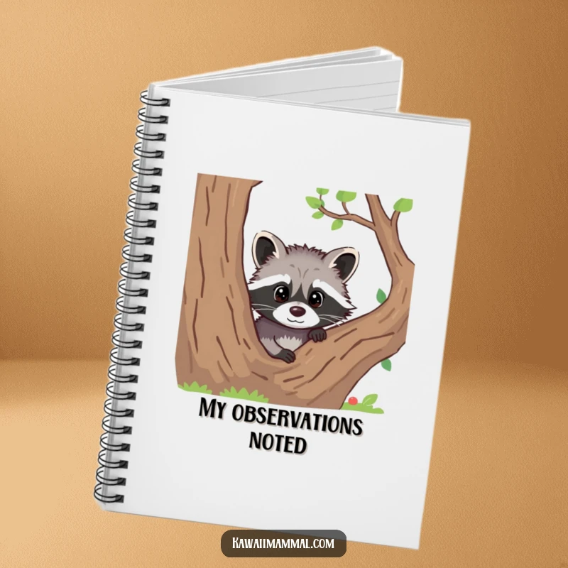 Funny notebook featuring a curious raccoon peeking from behind a tree, perfect for notes.