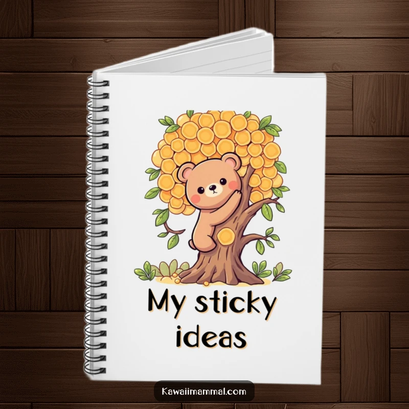 Funny notebook cover with a Kawaii bear character climbing a honeycomb tree, inspiring humorous adventures and organized thoughts.