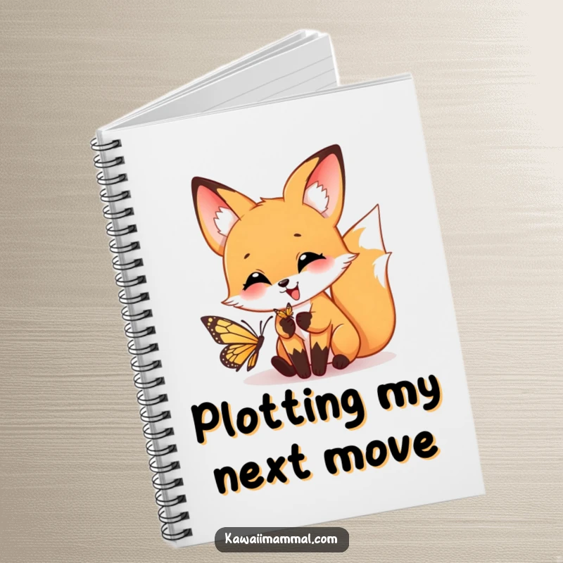 Funny notebook with a happy fox captured mid-pounce on the cover, chasing a whimsical butterfly.