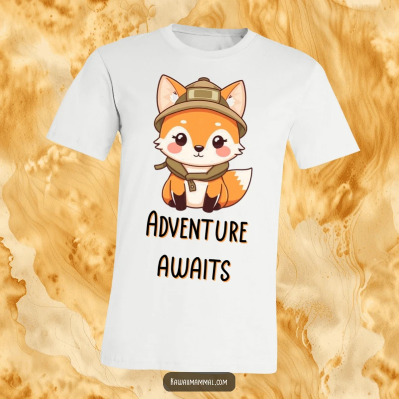 Funny t-shirt showcasing a kawaii fox wearing an explorer hat, curiously peering and ready for exciting adventures.