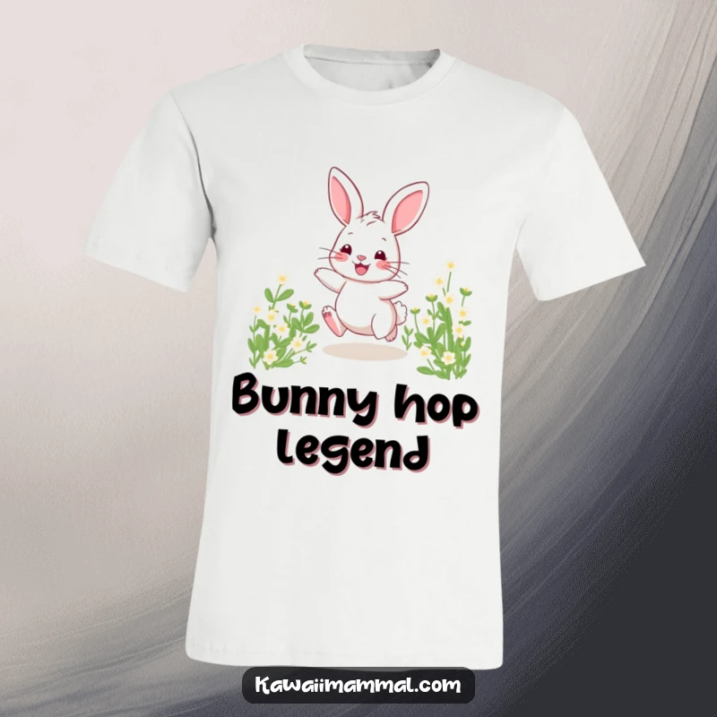 Funny t-shirt featuring a cute, wide-eyed bunny enthusiastically hopping through a lush clover patch, looking pure joy.