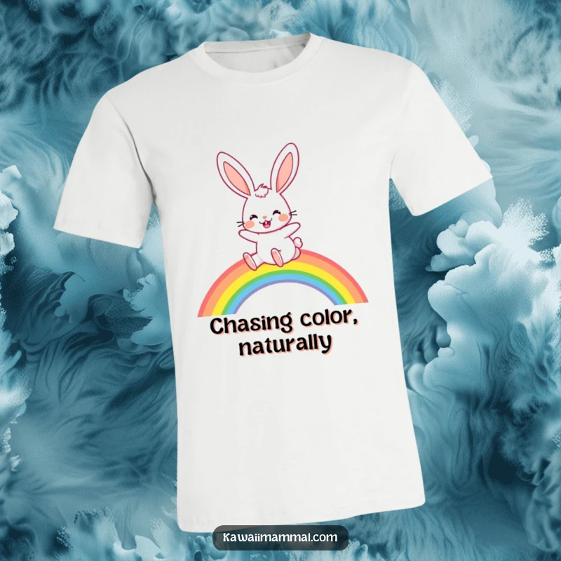 Funny T-Shirt: A joyful rabbit with long, floppy ears enthusiastically hops over a rainbow, depicting pure elation and freedom.