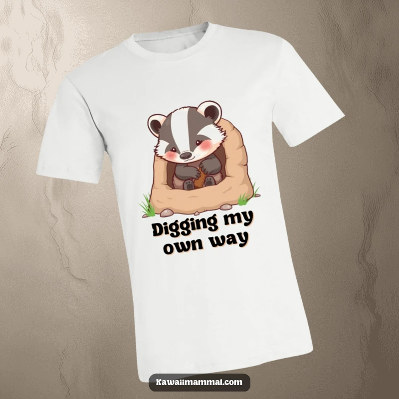 Funny t-shirt design featuring a hardworking badger character focused on creating a comfortable and welcoming burrow.