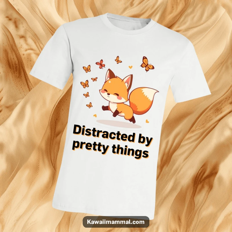 Funny T-Shirt: A playful fox with a bushy tail excitedly chases butterflies, showcasing energy and a love for nature's beauty.