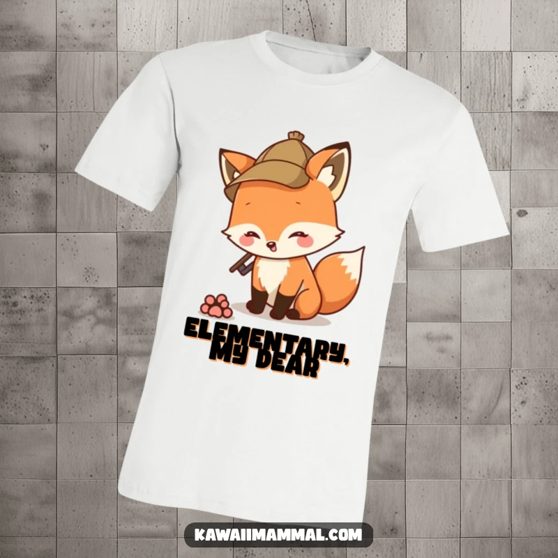 Funny fox detective wearing a hat, sniffing a paw print on a t-shirt, embodying curiosity and humor.