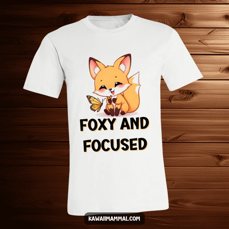 Funny t-shirt showcasing a happy fox playfully leaping towards a butterfly, capturing a moment of lighthearted chase.