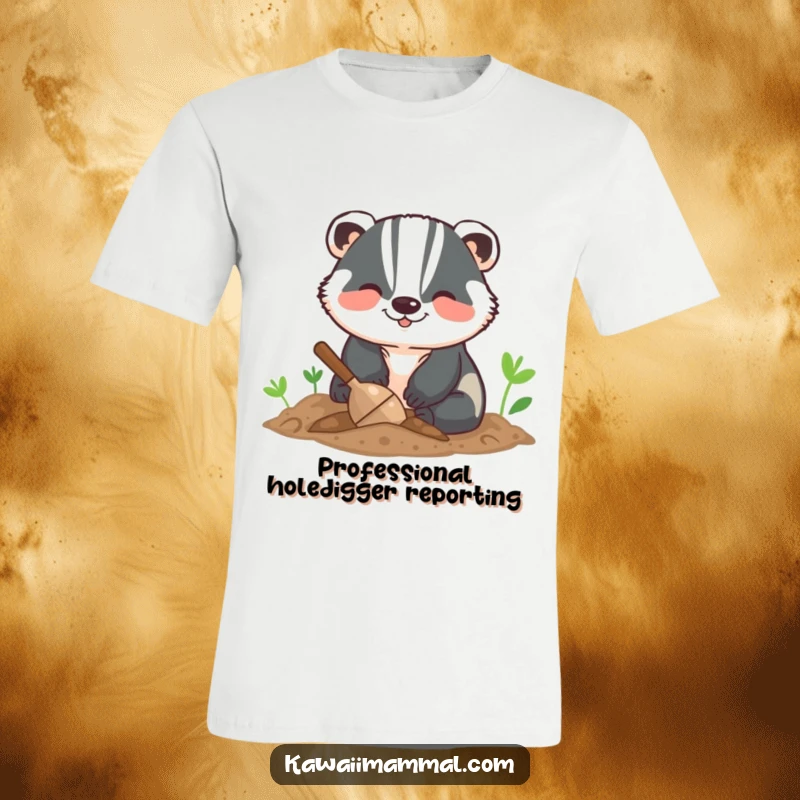 Funny t-shirt with a smiling badger digging energetically into soft soil, capturing a moment of pure, joyful exertion.