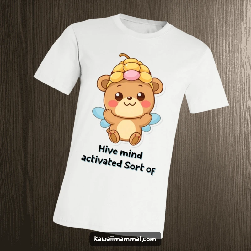 Funny T-Shirt: A happy bear with wide, innocent eyes attempts to wear a beehive, looking adorably confused and ready for adventure.