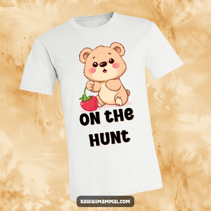 Funny T-Shirt displaying a determined bear cub reaching for a juicy berry brush, embodying cute persistence.
